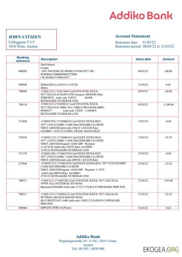 Autriche Addiko Bank relevé bancaire